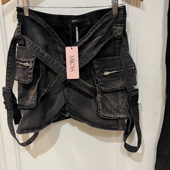 Micas Dresses & Skirts - Micas V-Waist Buckle Flap Pocket Denim Cargo Mini Skirt Gray, Medium